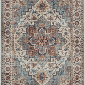 Gulvtæppe Loomery Fenix 60Ã110 cm Blødt Fløjlsgarn Vintage Mønster Blå Okker Creme